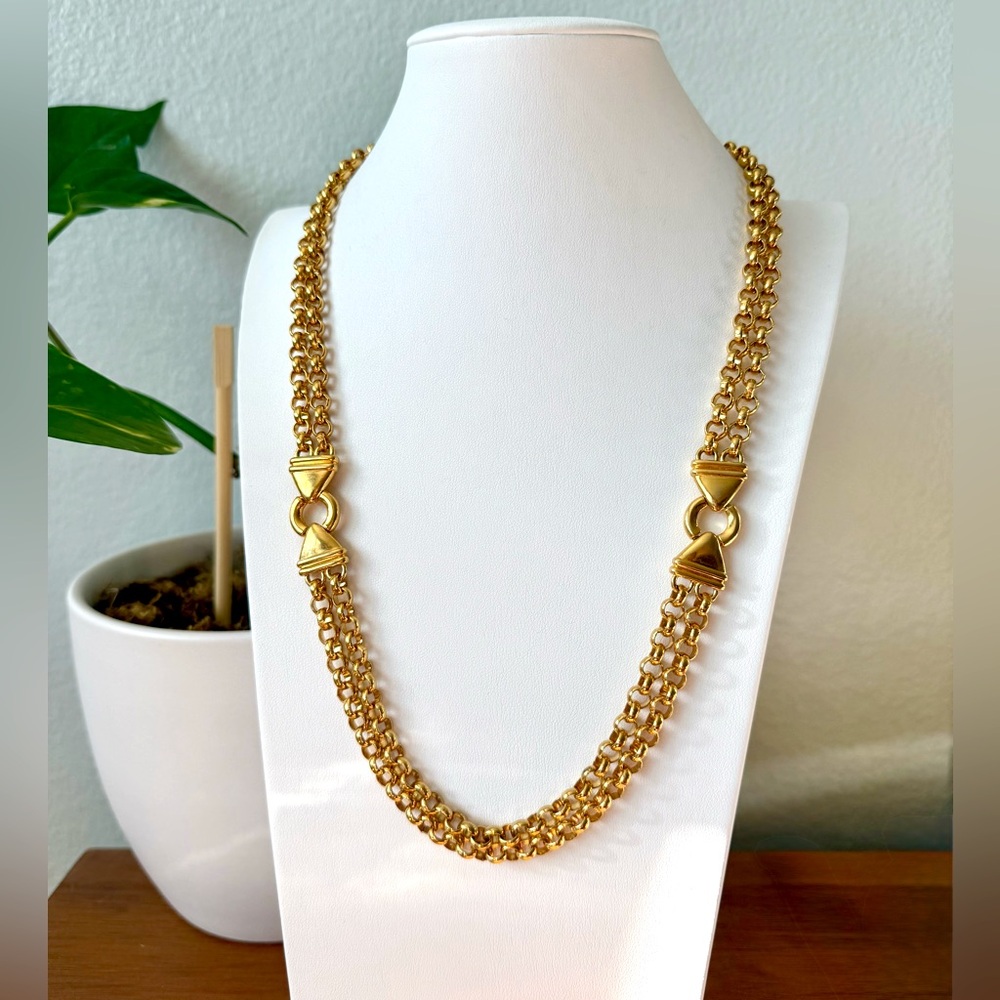 Vintage Signed LC Liz Claiborne XCV Gold 2 Strand Statement Necklace 27” Chain